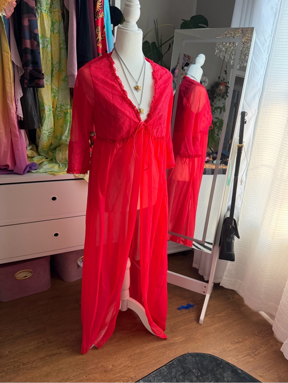 SD Collection Sheer Lace-Trim Hot Pink Robe with Tie Front
